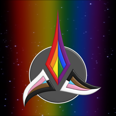 A Klingon emblem in LGBTQ+ inclusive pride colours.